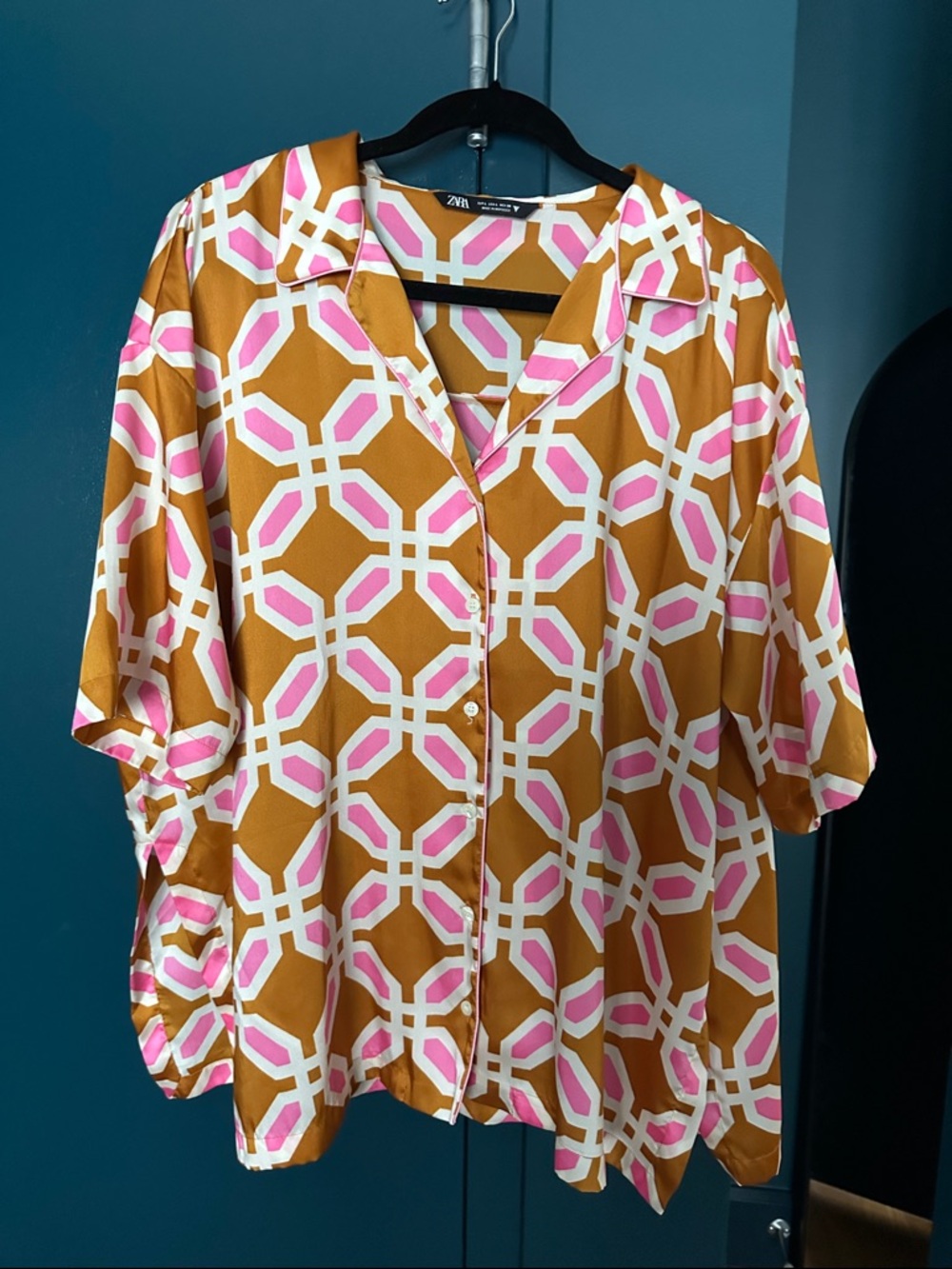 Zara Pink, Mustard & White Geometric Button-Down Shirt